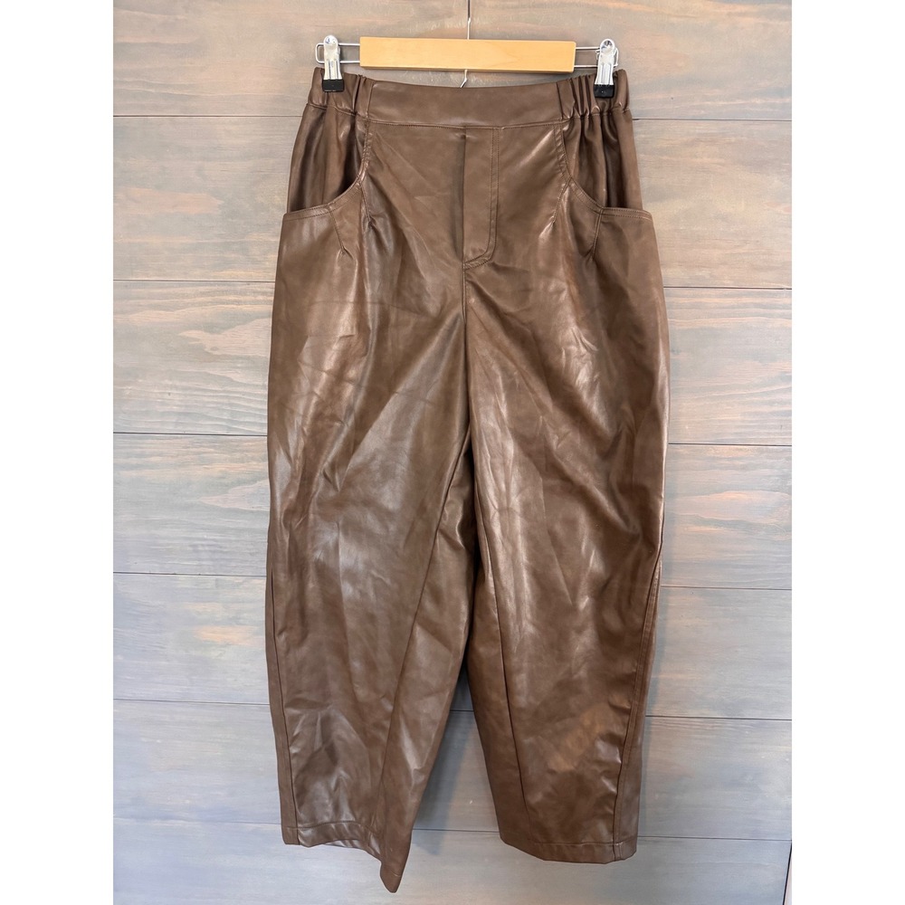 Davi & Dani Brown Faux Leather Tapered Barrel Pants High Waist‎ DP42191A Small